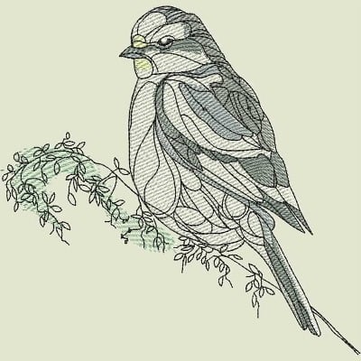 An embroidery design of a detailed bird perched on a branch, showcasing elegant line work and subtle shading.