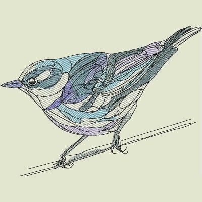 An embroidery design of a colorful bird with intricate stitching and detail, showcasing shades of blue and purple.