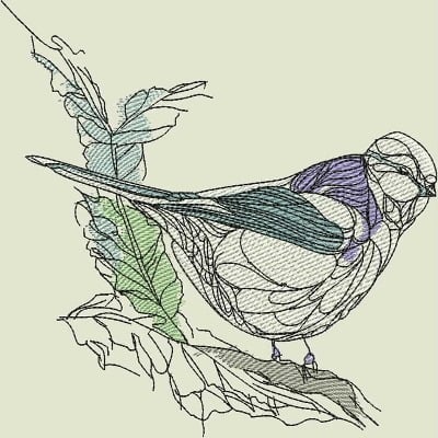 An embroidery design of a stylized bird perched on a branch, featuring delicate outlines and subtle colors.