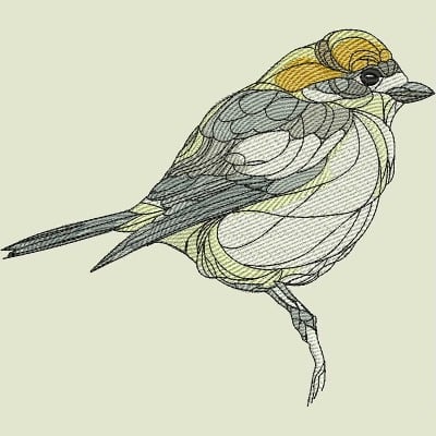An embroidery design of a stylized bird with a vibrant yellow crown and intricate feather details in various shades of gray and green.