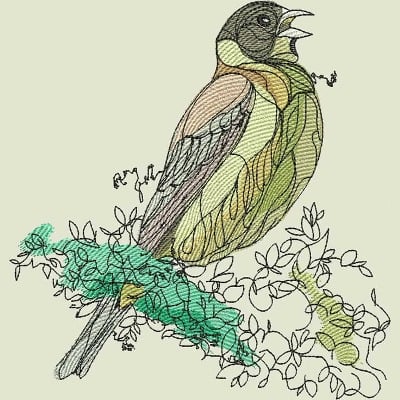 An embroidery design of a colorful bird perched on a branch, featuring intricate detailing in its feathers and surrounding leaves.