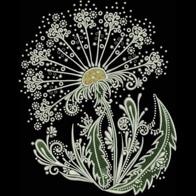 An embroidery design of a detailed, whimsical daisy-like flower with intricate petals and leafy embellishments.