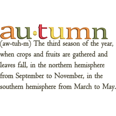 An embroidery design of the word "autumn" in colorful text, accompanied by its phonetic spelling and a brief definition of the season.