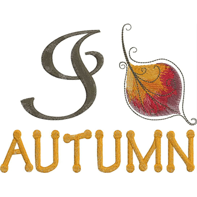 An embroidery design of a stylized letter "S" alongside a decorative autumn leaf and the word "AUTUMN" in bold, yellow lettering.