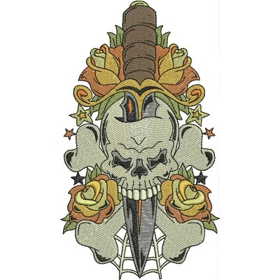 An embroidery design of a skull with a dagger through it, surrounded by roses and decorative elements.