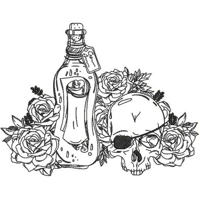 An embroidery design of a skull with an eye patch, surrounded by roses and a potion bottle, creating a striking, edgy aesthetic.