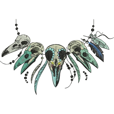 An embroidery design of interconnected bird skulls adorned with colorful details and feathers, creating a striking and artistic necklace motif.