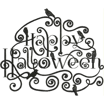 An embroidery design of the phrase "Happy Halloween" adorned with swirling patterns and silhouettes of birds.
