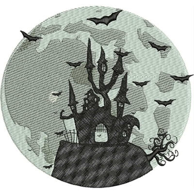 An embroidery design of a spooky castle with tall spires and bats flying around it.
