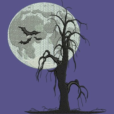 An embroidery design of a tall, gnarled tree silhouette against a large moon, accompanied by a few bats in flight.