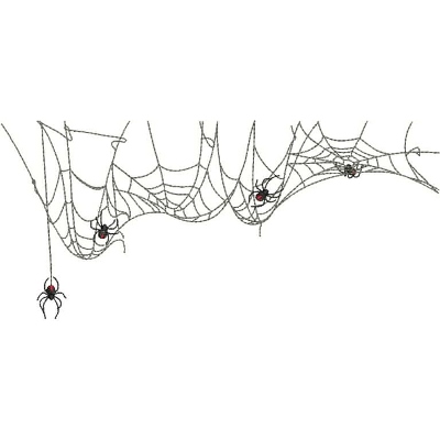 An embroidery design of a spider web featuring intricate threads and red spiders.
