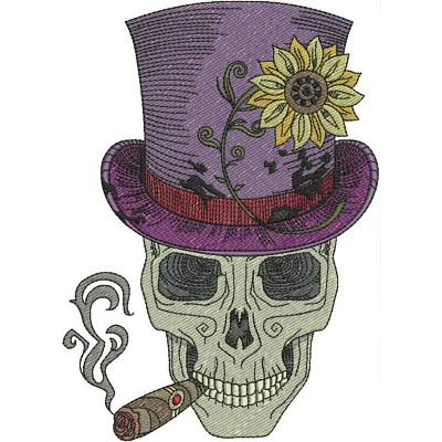 An embroidery design of a skull wearing a purple top hat adorned with a sunflower, smoking a cigar.