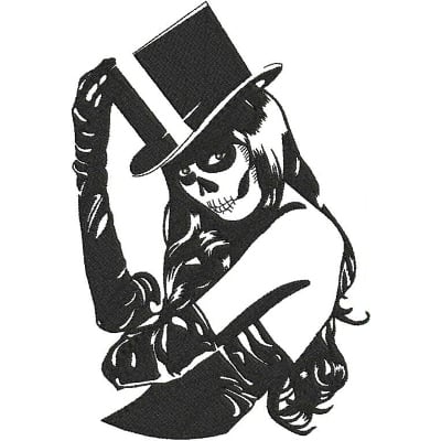 An embroidery design of a glamorous skeleton woman wearing a top hat and long gloves, exuding a stylish and mysterious aura.