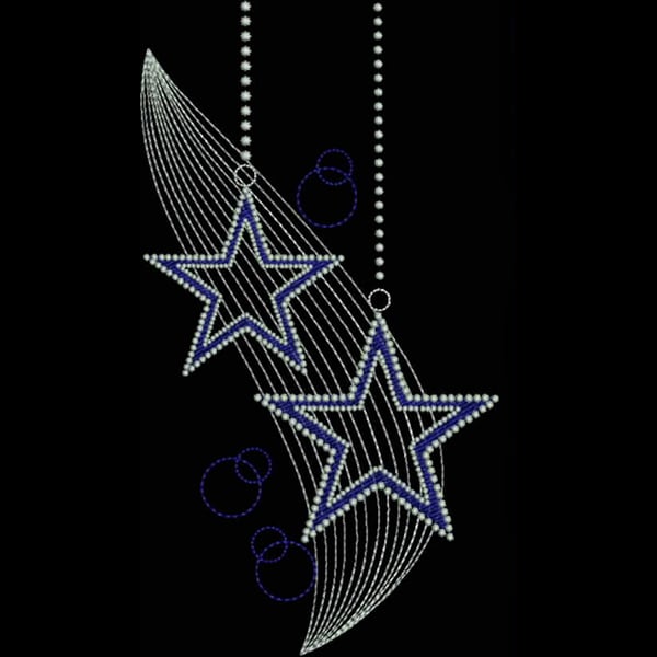 An embroidery design of two hanging stars adorned with shimmering beads in blue and silver, connected by delicate lines.