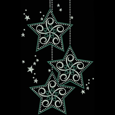 An embroidery design of three decorative stars featuring intricate swirls and embellishments, connected by hanging beads.