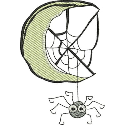 An embroidery design of a crescent moon with a spider hanging from a web.