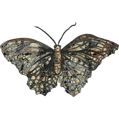 An embroidery design of a beautifully detailed butterfly featuring intricate patterns and a blend of earthy colors.