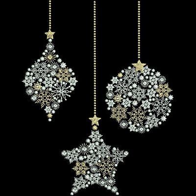 An embroidery design of three festive ornaments in intricate floral patterns, including a diamond, a round shape, and a star, all suspended by delicate chains.