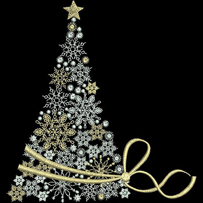 An embroidery design of a decorative Christmas tree composed of intricate snowflakes and a golden ribbon bow at the base, topped with a star.