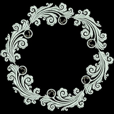 An embroidery design of an ornate circular pattern featuring swirling motifs and small decorative elements.