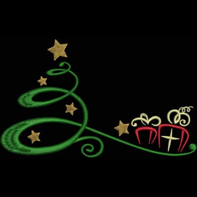 An embroidery design of a whimsical green tree adorned with golden stars and festive red and white gifts.