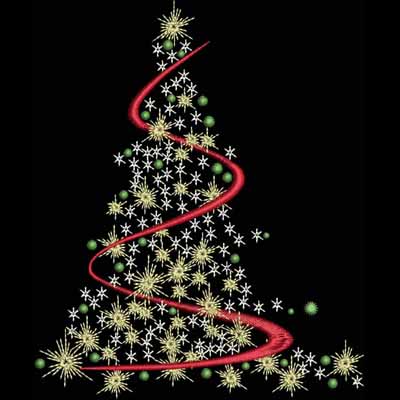 An embroidery design of a stylized Christmas tree adorned with sparkling stars and a flowing ribbon.
