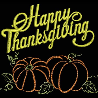 An embroidery design of the words "Happy Thanksgiving" in a vibrant yellow script accompanied by two stylized pumpkins and green leaves.