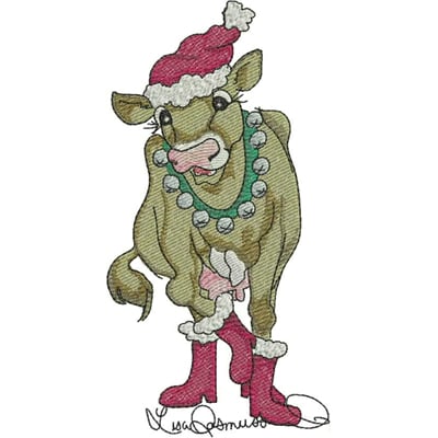 An embroidery design of a cheerful cow wearing a Santa hat, festive necklace, and pink boots.