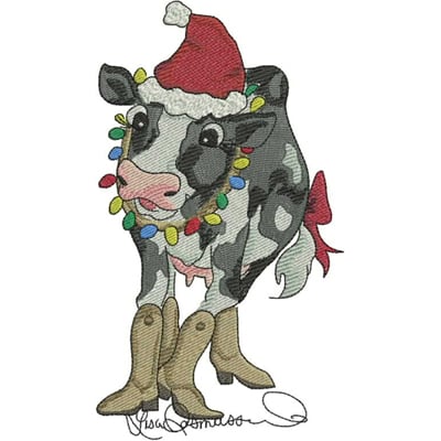 An embroidery design of a cheerful cow wearing a Santa hat, adorned with a colorful string of lights, and dressed in cowboy boots.