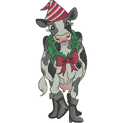 An embroidery design of a festive cow wearing a striped party hat, adorned with a green wreath and a red bow, standing in black boots.