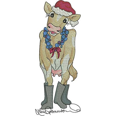 An embroidery design of a cheerful cow wearing a festive Santa hat, a colorful necklace, and stylish black boots.