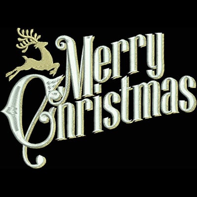 An embroidery design of the phrase "Merry Christmas" with elegant lettering and a decorative reindeer silhouette.