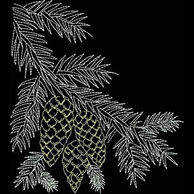 An embroidery design of three detailed pine cones hanging from a branch with intricate needle-like leaves.
