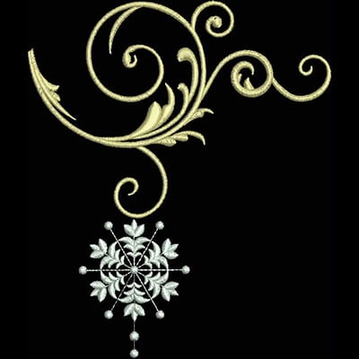An embroidery design of elegant swirling floral motifs complemented by a detailed central snowflake-like pattern.