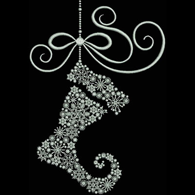 An embroidery design of a decorative Christmas stocking adorned with intricate snowflake patterns and topped with a ribbon bow.
