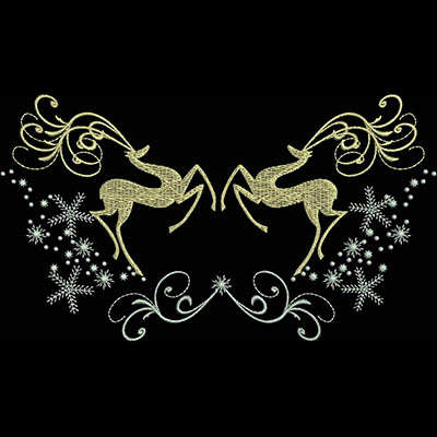 An embroidery design of two elegant reindeer with swirling antlers surrounded by delicate snowflakes and intricate floral patterns.