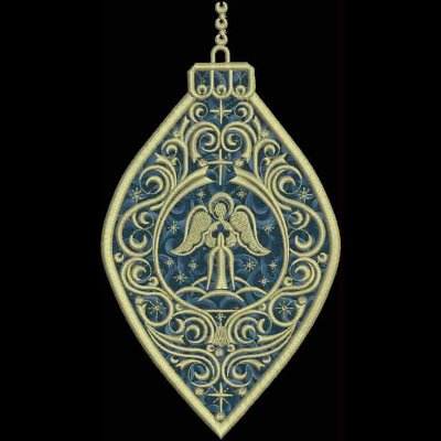 An embroidery design of a decorative ornament featuring an angel and a candle, intricately surrounded by swirling patterns and stars.