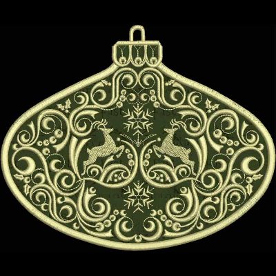 An embroidery design of an ornate Christmas ornament featuring intricate swirls, reindeer motifs, and star-pattern embellishments.