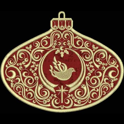 An embroidery design of an ornate ornament featuring a central dove surrounded by intricate floral and swirl patterns.