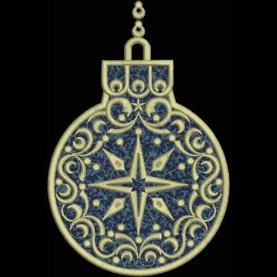 An embroidery design of a round ornament featuring an intricate star pattern surrounded by decorative swirls and shapes.