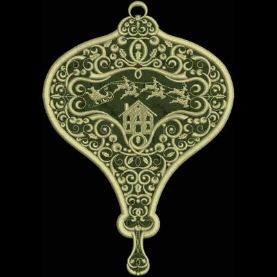An embroidery design of a decorative fan featuring a house and sleigh with reindeer, embellished with intricate scrollwork.