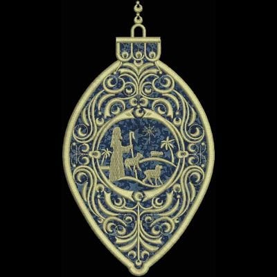 An embroidery design of an ornate pendant featuring a scene with a figure and a sheep, surrounded by intricate swirls and decorative elements.