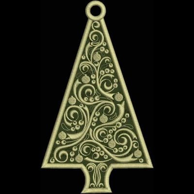 An embroidery design of a decorative Christmas tree shape embellished with intricate swirls and patterns.