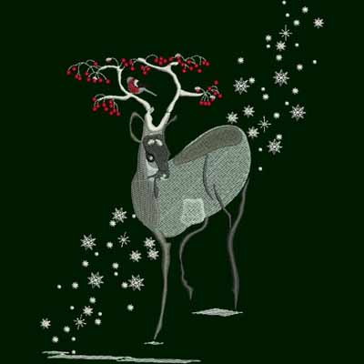 An embroidery design of a deer adorned with antlers that feature red berries, accompanied by snowflakes surrounding its form.
