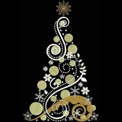 An embroidery design of a decorative Christmas tree adorned with swirling patterns, golden and white circles, floral accents, and a snowflake atop.