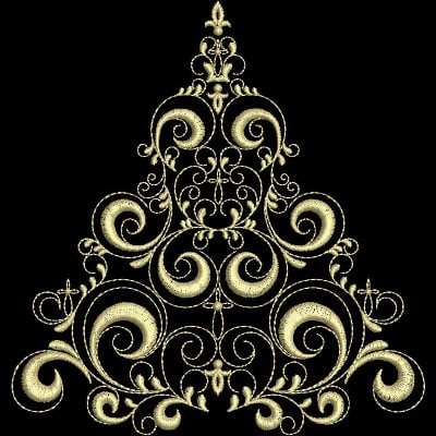 An embroidery design of an ornate, swirling tree shape created with intricate golden patterns.