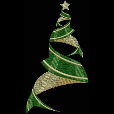 An embroidery design of a spiraled Christmas tree composed of green and gold ribbons, topped with a star.