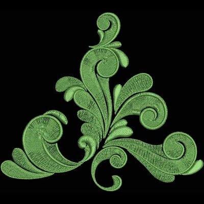An embroidery design of elegant swirling green vines and leaves displaying intricate curves and textures.