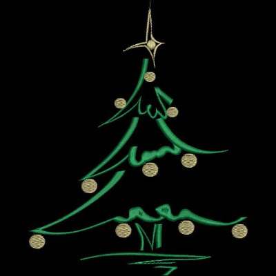 An embroidery design of a stylized Christmas tree featuring green lines and circular gold ornaments, topped with a star.