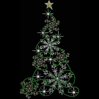 An embroidery design of a festive Christmas tree outlined in green, adorned with intricate silver snowflakes and topped with a golden star.